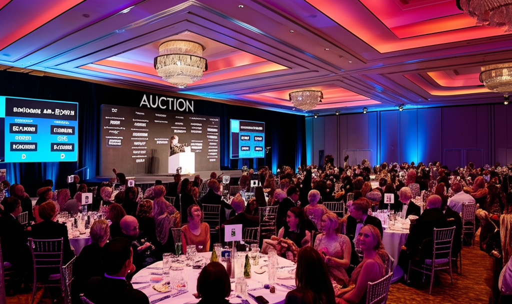 Live In-Person Charity Auction Event showing gala setting and bidding
