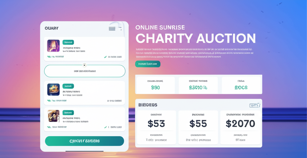 Online Charity Auction Dashboard showing bidding interface and item catalog
