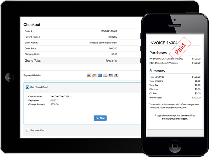 CharityAuctions checkout and paid invoice on tablet and mobile