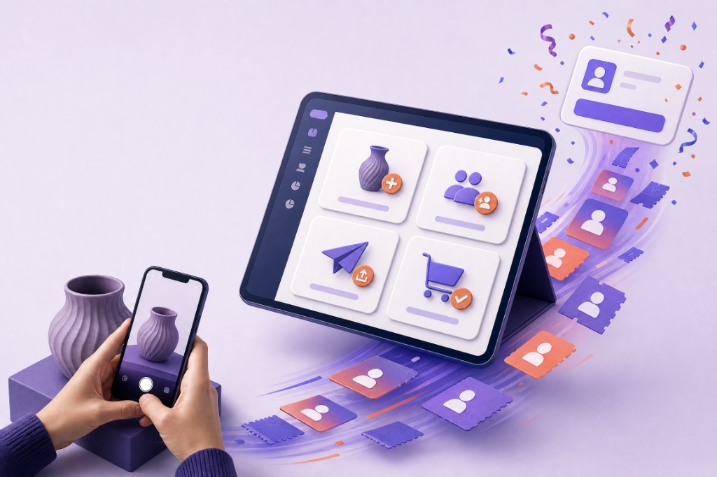 Photograph an item on a phone, then add it, share it, and check out from one auction dashboard