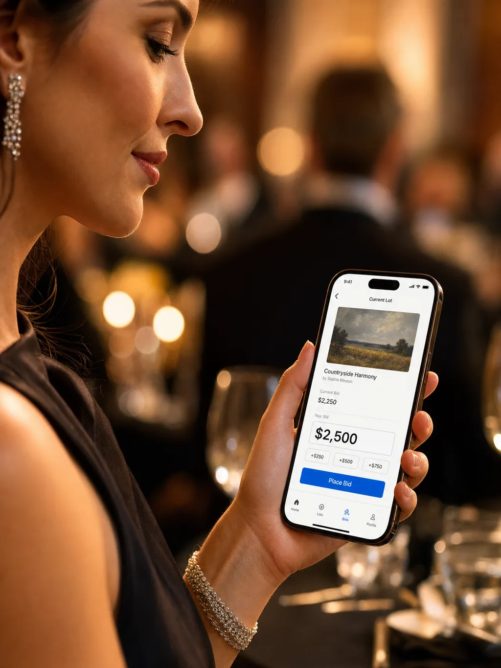 Guest placing a mobile bid at a fundraising event