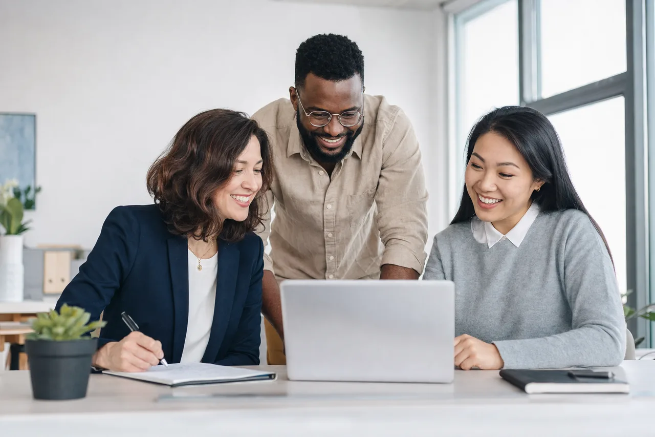 Nonprofit team collaborating around a laptop